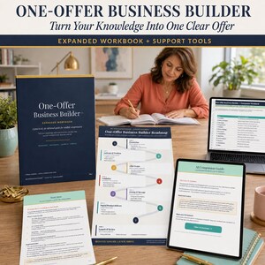 Op de afbeelding: Een donkerblauw werkboek getiteld One-Offer Business Builder, een roadmap, een gedrukte gids en een tablet met een AI-begeleidingsgids. De materialen bevatten witte tekst en gestructureerde stappen voor het plannen van zakelijke aanbiedingen.