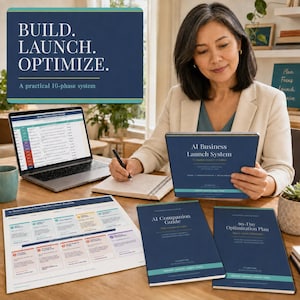 Op de afbeelding: Een verzameling zakelijke bronnen, waaronder een laptop met een 90-dagen business launch tracker, een gedrukte roadmap en drie handleidingen getiteld AI Business Launch System, AI Companion Guide en 90-Day Optimization Plan.
