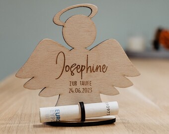 Gepersonaliseerd geldgeschenk voor doopfeesten en meer - Gegraveerde houten engel voor het geven en verpakken van geld met een naam - Cadeau voor meisjes en jongens