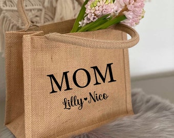 Jutetasche MOM mit Name - Personalisierte Geschenktasche für Sie - Kleine Mom-Tasche Geschenk Danke Mama Muttertag - Baumwolle