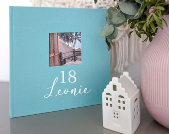 Album fotografico di compleanno in lino - Album fotografico personalizzato con finestra per foto - Album da personalizzare - Personalizzato con nome e data
