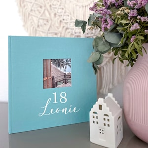 Album fotografico di compleanno in lino - Album fotografico personalizzato con finestra per foto - Album da personalizzare - Personalizzato con nome e data