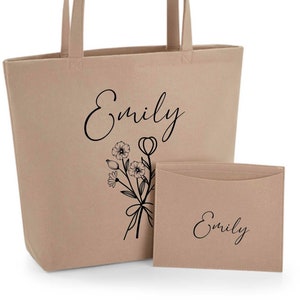Filztasche Damen-Tasche mit kleinem Etui - Bedruckt und Personalisiert mit Blumen floral und Name - Shopper Geschenk Danke für Sie