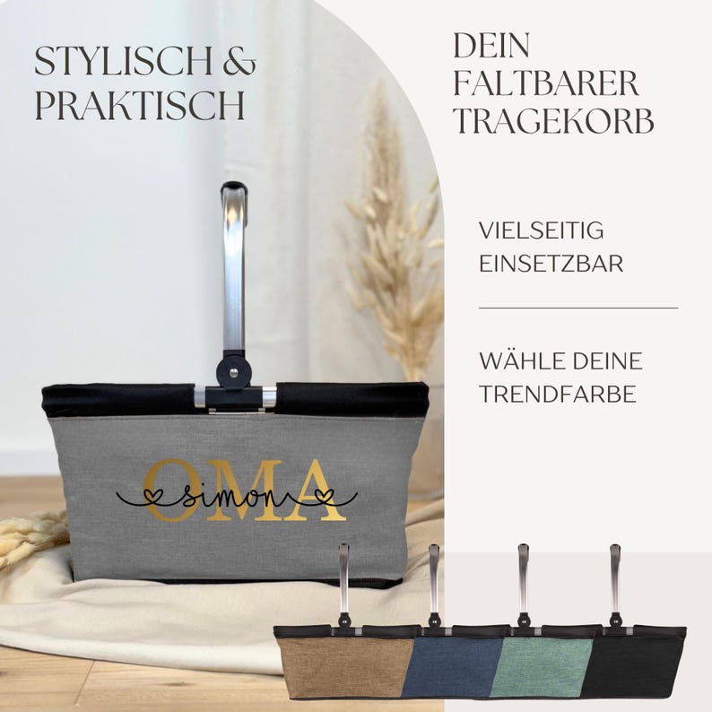 May include: A grey and black foldable shopping basket with a silver handle. The basket has the word "OMA" in gold lettering with the name "simone" below it. The image also shows a selection of different coloured baskets.