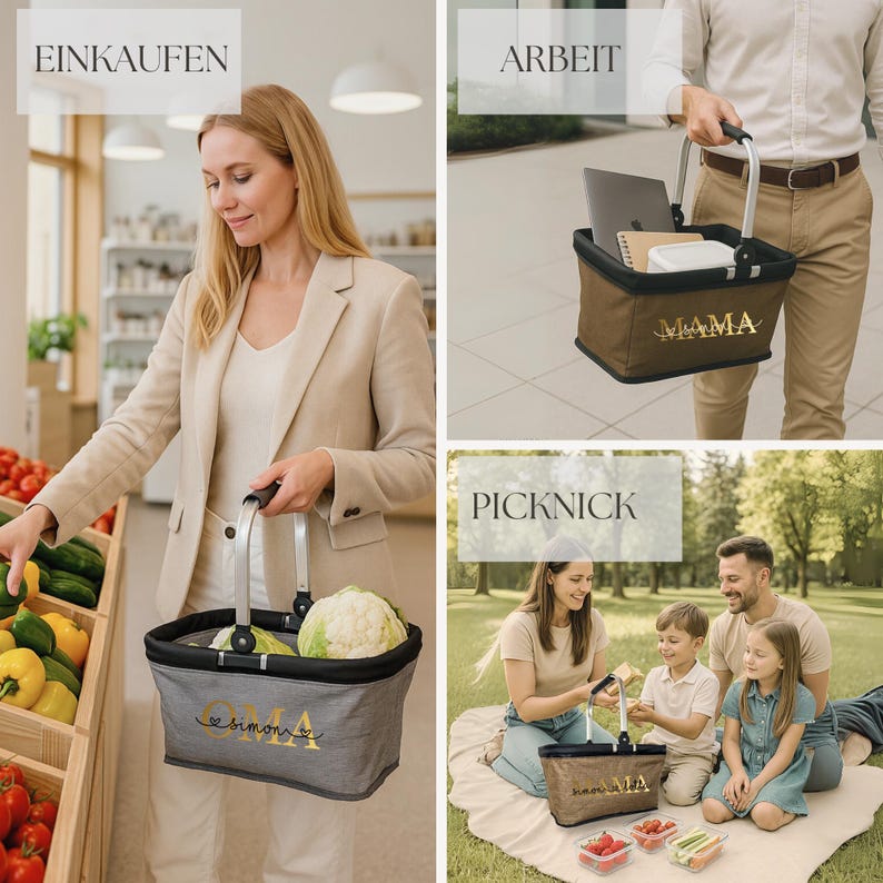 May include: A gray and black collapsible basket with a silver handle. The basket has the word "Simon" in gold script. The basket is filled with vegetables. The image shows the basket being used for shopping, work, and a picnic.