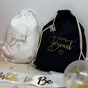 Turnbeutel JGA Team Braut mit Herz zum Zuziehen | Stoffbeutel Baumwolle mit Kordel | Jutebeutel für Junggesellinnenabschied Hochzeit