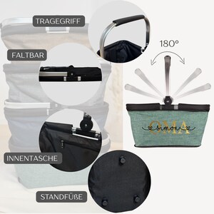 May include: A collapsible shopping basket in light green and black, featuring a silver handle. The basket has a black interior, a zippered inner pocket, and three feet on the base. The text "oma simon" is printed on the front.