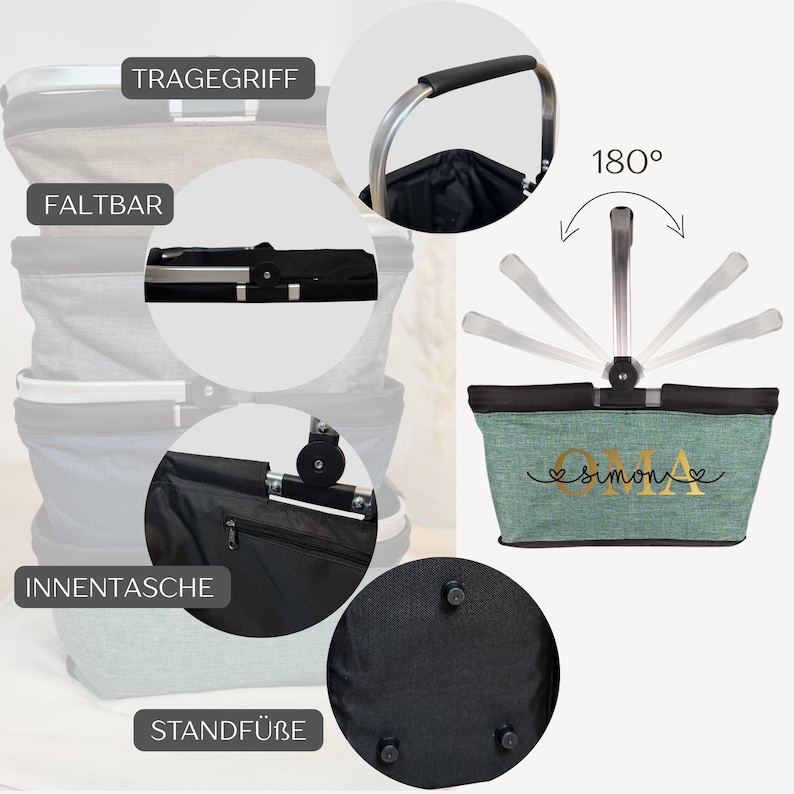May include: A collapsible shopping basket in light green and black, featuring a silver handle. The basket has a black interior, a zippered inner pocket, and three feet on the base. The text "oma simon" is printed on the front.