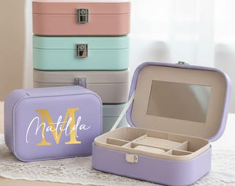 Schmuckkästchen personalisiert klein Buchstabe Initial , Schmuckbox Reise Damen Mädchen, Schmuckschatulle Spiegel, Personalisiertes Geschenk