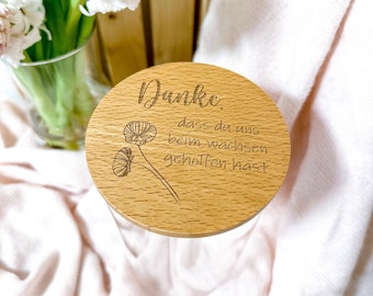 Vorratsglas Danke Erzieherin - Personalisiert mit Name - Gravierter Vorratsbehälter mit Holzdeckel - Erzieher mit Herz Dankeschön Geschenk