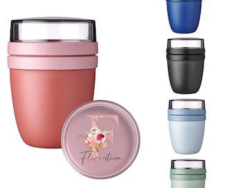 Mepal Lunchpot Ellipse Gepersonaliseerd, Mego Beker voor Ontbijtgranen, Ontbijtbeker met Naam, Kleurrijke Bloemenprint met Letters, Yoghurtbeker voor Mego