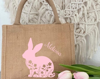Bedrukte jute tas voor Pasen - Gepersonaliseerd met naam - Paasnest konijntje, Paashaasje voor kinderen - Paastas om een paasmandje mee te vullen