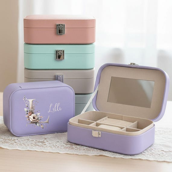 Schmuckkästchen personalisiert klein Blumeninitiale , Schmuckbox Reise Damen Mädchen, Schmuckschatulle Spiegel, Personalisiertes Geschenk