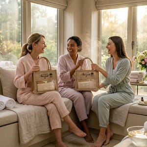 May include: Three women in pastel-colored robes and loungewear are seated and smiling. Each holds a jute tote bag with the text "Kleine Auszeit" and a clear window showing spa products. The setting is a well-lit room with large windows.