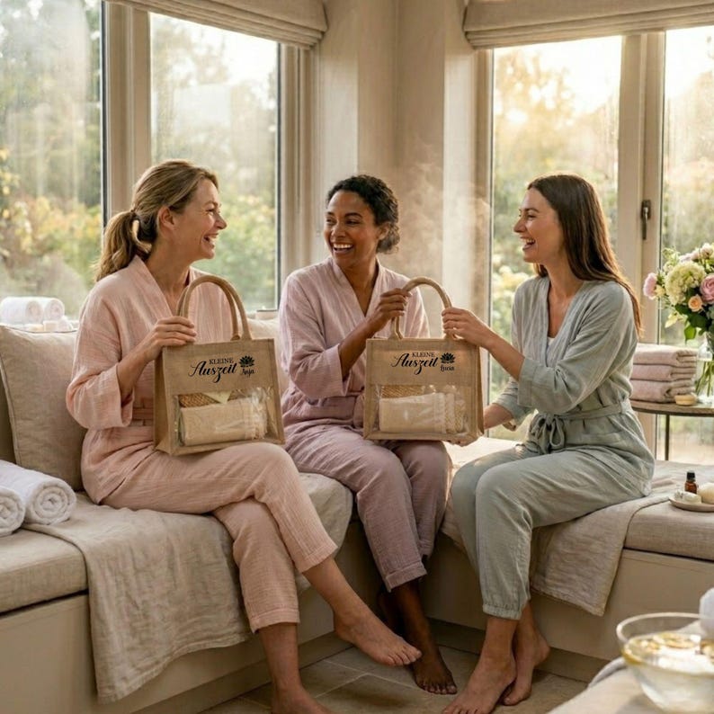 May include: Three women in pastel-colored robes and loungewear are seated and smiling. Each holds a jute tote bag with the text "Kleine Auszeit" and a clear window showing spa products. The setting is a well-lit room with large windows.