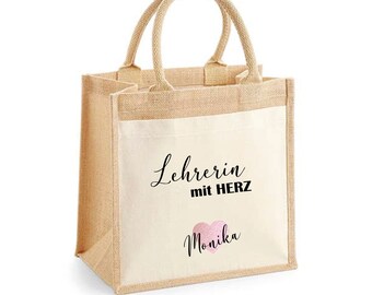 Regalo di ringraziamento per un insegnante con il cuore | Sacchetto regalo in juta personalizzato con nome | Piccolo sacchetto regalo per la laurea o per un saluto di commiato