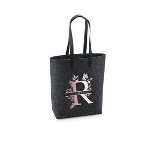 Felt shopper in dark gray with motif print | Felt bag personalized with flower monogram & name | Shopping bag gift | Mother&#39;s Day