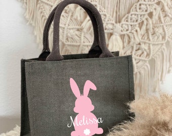 Bedrukte jute tas voor Pasen - Gepersonaliseerd met naam - Paasnest konijntje, Paashaasje voor kinderen - Paastas om een paasmandje mee te vullen