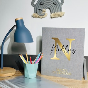 Cartella porta-certificati in lino per bambini personalizzata con nome - cartella porta-documenti ad anelli per bambine e bambini - cartella porta-certificati con lettere e pellicole trasparenti
