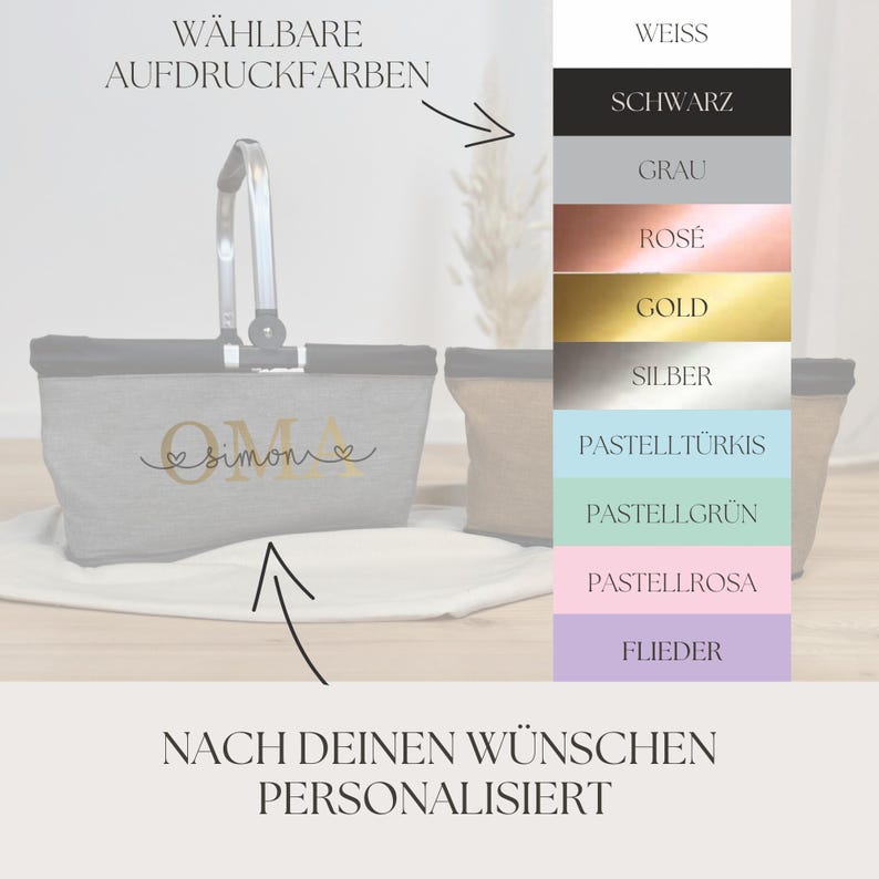 May include: A grey tote bag with a silver handle and the word "OMA" and the name "simone" in gold lettering. The image also shows a colour chart with options including white, black, grey, rose, gold, and pastel colours.
