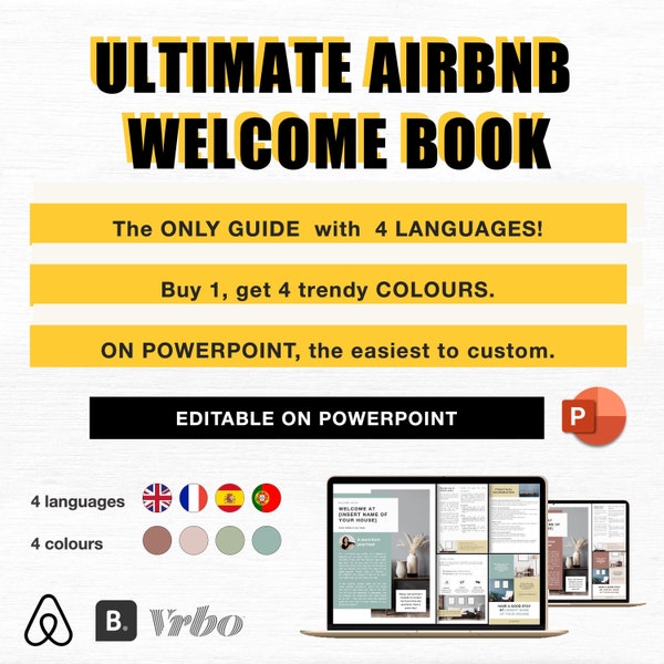 Short term rental Welcome Book Template, Powerpoint Editable, Guest House manual, in French, English, Spanish & Portuguese