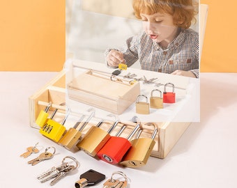 Lernspielzeug STEM 6stk Schloss und Schlüssel Spielset für Kleinkinder, Lock Toy Matching Game Lock Set mit Holztablett für 3 - 4 - 5-jährige Kinder