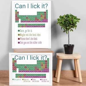 Könnte beinhalten: Zwei gerahmte Drucke des Periodensystems mit dem Text "Can I lick it?" und farbcodierten Sicherheitshinweisen. Eine kleine Topfpflanze steht auf einem Holzschemel. Die Drucke haben einen weißen Rahmen.