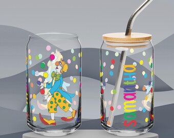 Personalized Trendy Clowncore drink dispenser, Clown juggler Glass Sipper Cup, Iced Coffee Glass