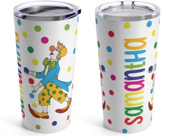 May include: A white stainless steel tumbler with a colorful clown design and the name "Samantha" printed on the side. The tumbler has a lid and is decorated with colorful polka dots.