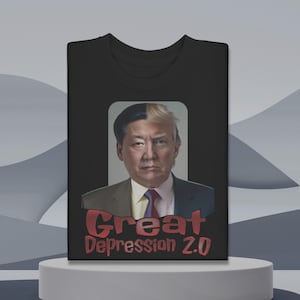 Może przedstawiać: Czarny T-shirt z grafiką przedstawiającą mężczyznę z nałożonymi na siebie twarzami Donalda Trumpa i Xi Jinpinga. Tekst "Great Depression 2.0" jest nadrukowany na czerwono pod obrazkiem.