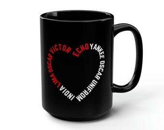 Taza negra de radioaficionado de San Valentín, taza de alfabeto fonético, taza de piloto, taza de radioaficionado, regalos de radioaficionado, regalo de radioaficionado, taza de piloto de San Valentín