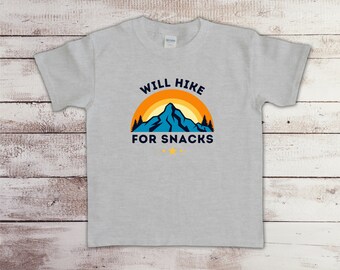 Will Hike for Snacks Camisa para niños, Camisa amante de la naturaleza, Camisa de senderismo, Camisa de aventura, Camisa al aire libre, Camisa Wanderlust, Camisa de montaña