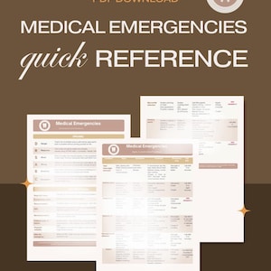 Può includere: Un download PDF digitale intitolato Medical Emergencies Quick Reference. Il documento presenta uno sfondo marrone con testo bianco, incluso un logo dentale, il protocollo DRSABC e tabelle che descrivono varie emergenze mediche.