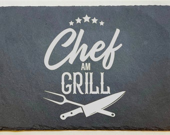 Slate plate with engraving grey chef at the grill, personalized, dad, father's day, kitchen, grill, name plate, gift, birthday present,
