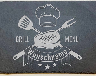 Slate plate with engraving grey ''Grill Menu'', personalized, gift, dad, Father's Day, kitchen, grill, name plate, birthday gift,