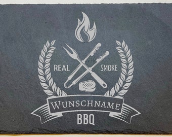 Slate plate with engraving grey ''Real Smoke'', personalized, gift, dad, father's day, kitchen, grill, name plate, birthday gift,