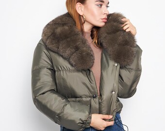 Waterproof Puffer Coat with Genuine Fox Fur Hood – Handmade Winter Fashion