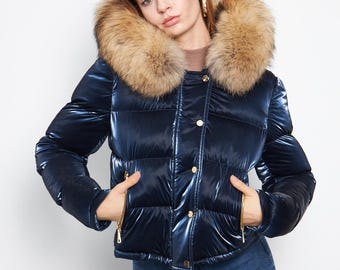 Waterproof Puffer Coat with Genuine Fox Fur Hood - Handmade