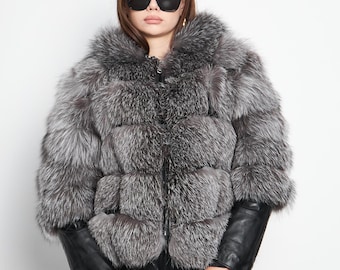 Real Fox Fur Winter Coat with Leather Sleeves
