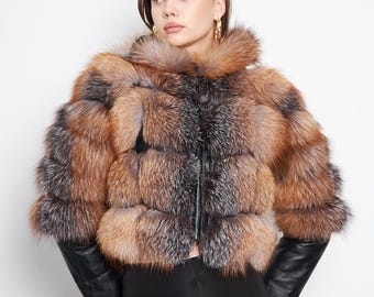 Real Fox Fur Winter Coat with Leather Sleeves
