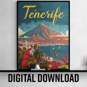 Teneriffa Vintage Poster, druckbare Kunst der atemberaubenden Landschaft der Kanarischen Insel, perfekte Wanddekoration für Reiseliebhaber, einzigartige Geschenkidee