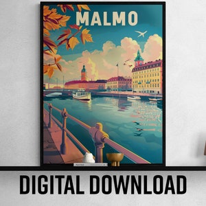 Malmö Reise Poster Druckbare Datei, Modernes Schwedisches Stadtbild Kunst, Wohnkultur oder Reise Geschenk