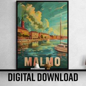 Arte de viagem para impressão em Malmo, pôster da cidade escandinava, decoração de casa ideal ou presente de feriado