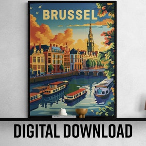 Afdrukbare reisposter Brussel, moderne digitale downloadmuurkunst, perfect cadeau voor reisliefhebbers