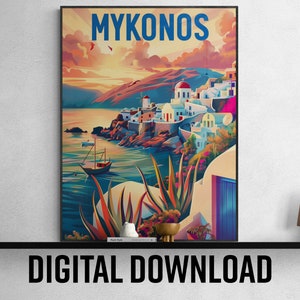 Cartel de viaje imprimible de Mykonos, arte de pared ilustrativo vibrante, perfecto para la decoración del hogar, regalos de viaje únicos