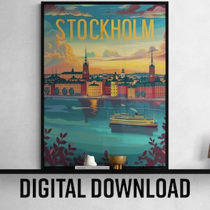 Arte do horizonte de Estocolmo para impressão, download digital impressionante para amantes de viagens, presente ideal para inauguração de casa