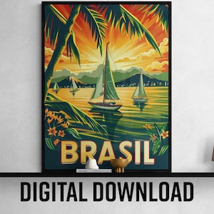 Cartel de viaje digital de Brasil, arte de pared imprimible colorido, decoración del hogar, regalo de recuerdo perfecto de Brasil