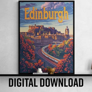 Affiche imprimable vintage d'Édimbourg, art coloré de la capitale écossaise pour la décoration intérieure, cadeau unique pour les amoureux du Royaume-Uni