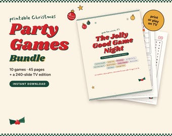 Puede incluir: Un paquete de juegos imprimibles para fiestas de Navidad con 10 juegos, 45 páginas y una edición para TV de 240 diapositivas. La portada muestra el texto The Jolly Good Game Night con gráficos navideños rojos y verdes, incluyendo adornos.