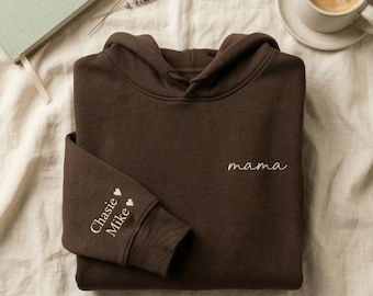 Moletom personalizado para mamãe com nomes dos filhos na manga, moletom bordado personalizado para mães, presente minimalista para mamães, moletom para o Dia das Mães